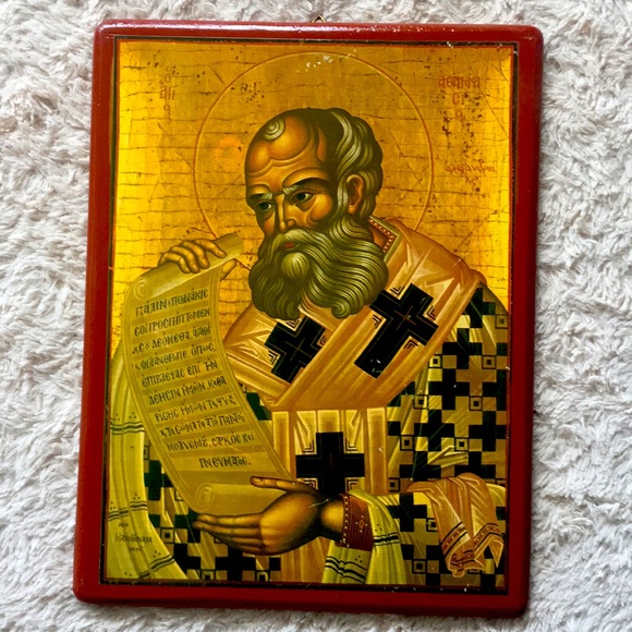 Vintage Greek Orthodox Icon - Saint Athanasius of Alexandria, Solid Wood Plaque - Picture 1 of 10